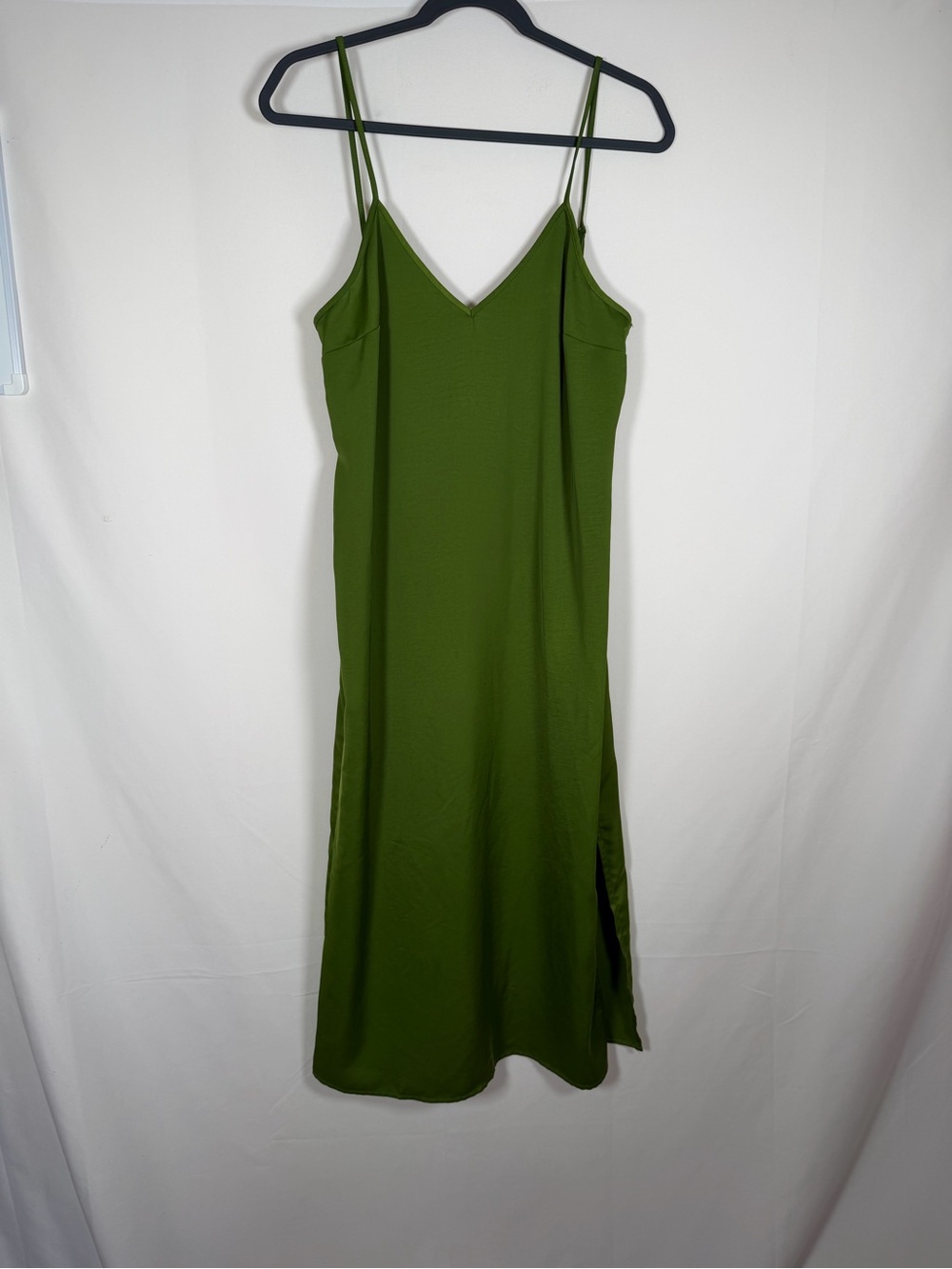 a new day Olive Green Slip Midi Dress with V-Neck & Side Slit‎